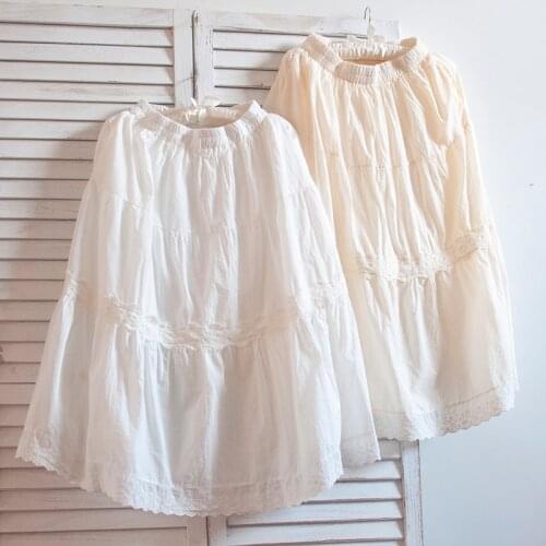 TIYIHAILEY Free Shipping New 2021 Fashion Spring And Summer White Cotton Lace Long Mid-Calf Elastic Waist A Line Skirts Beige
