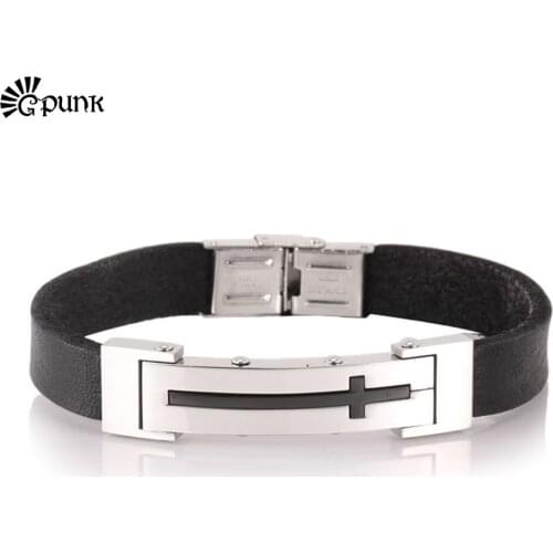 Comfortable Black Genuine Leather Bracelet Bangles Cross Pattern Mens Bracelet,Gifts in Birthday/Valentines/New Year Wholesale