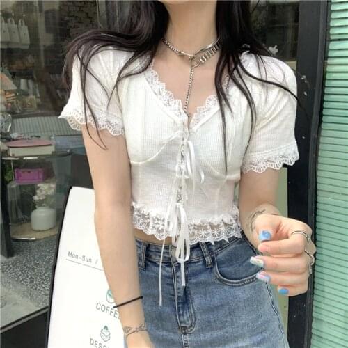 Womens Shirt Stitching Lace Small Cardigan White Short-sleeved Sweater Women Summer New Short Top