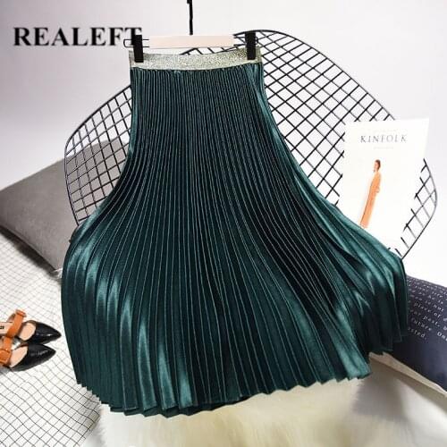 REALEFT 2020 Spring New Women Velvet Skirt Long Pleated Skirts High Waist Womens Saias Faldas Women Vintage Tulle Pleat Skirts
