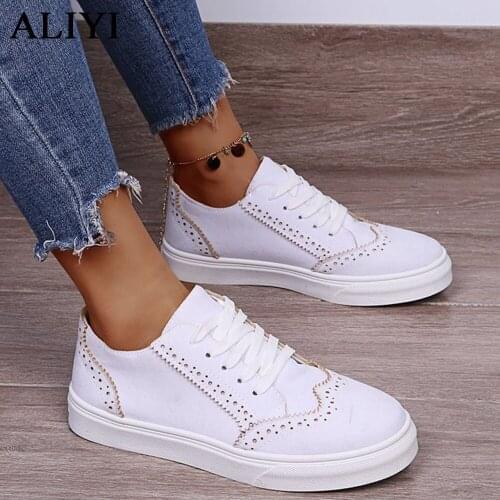 New White Sneakers Women 2021 Spring Autumn Hollow Out Ladies Lace Up Comfortable Casual Shoes Outdoor Home Sport Canvas Flats