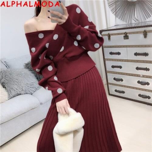ALPHALMODA 2019 Winter New Polka Dot Knitting Skirts Sweater Suit V-neck Bat-sleeve Women Trendy Jumper + Pleated Skirt Knit Set
