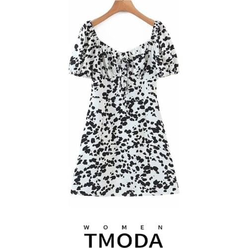 TMODA959 2021 Spring Dot Print Ruched Slit Bodycon Dress Women Night Club Party Short Mini Dress Summer White Dress