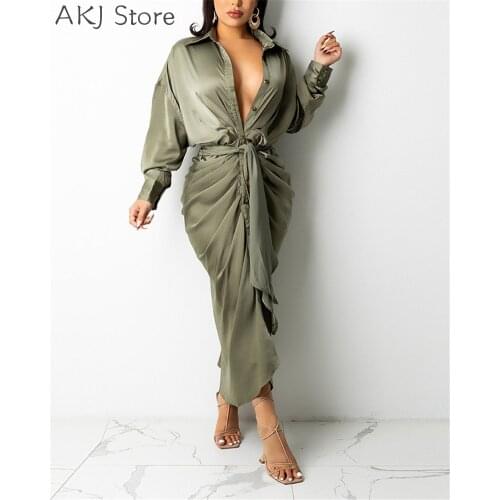 Women Solid Color Ruched Tied Waist Single Breasted Long Sleeve Midi Dress
