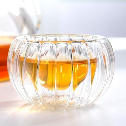 4pcs/lot Handmade glass pumpkin transparent double layer opusculum cup stripe flower tea set 50ml glass tea cup