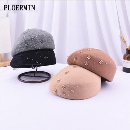 100% Wool Vintage Warm Wool Winter Women Beret Elegant Artist Beanie Cap For Women Girl Spring Autumn Banquet Hats