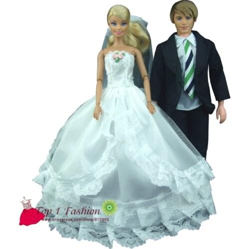 Free Shipping 2 sets = White Lace bride wedding dress with veil for barbie doll + suit clothes for Ken doll