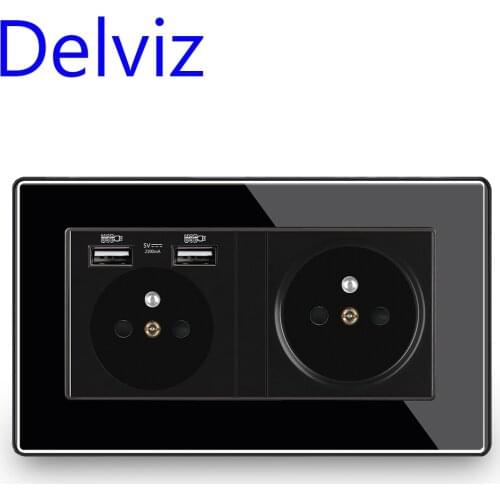 Delviz French Socket With USB Ports, Black crystal panel, 146mm*86mm,AC 110~250V, Switch control, Double frame Wall Power Outlet