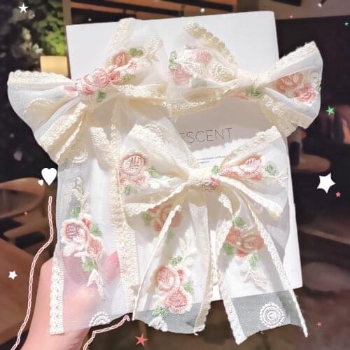 Korean Fashion 2021 New Woman Hair Accessories Sweet Kawaii Vintage Embroidery Flower Hair Clips Girl Hairstyle Bow Knot Hairpin