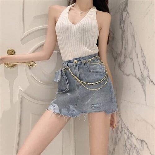 Summer Fashion Hot Girls High-waist Demin Shorts Korean Fake Two Piece Ripped Trouser With Chain Bag Casual Wide Leg Loose Short