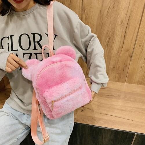 Mini Backpack For Girls Cute 2021 New Bear Ears Plush Women Backpack Korean Fashion Faux Fur Shoulders Bag Furry Ladies Bagpack
