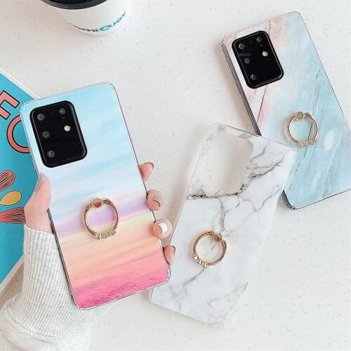 Fashion Finger Ring Cases on sFor Samsung Galaxy S9 S10 S10E S20 Plus Ultra Case Luxury Marble Soft TPU Silicone Cover Capa