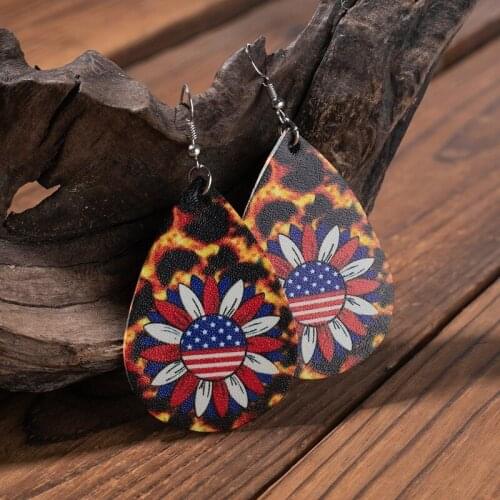 2021 Wholesale Sunflower Leather Earrings Leopard Print Sun Flower Earrings Independence Day Flag Leather Earrings