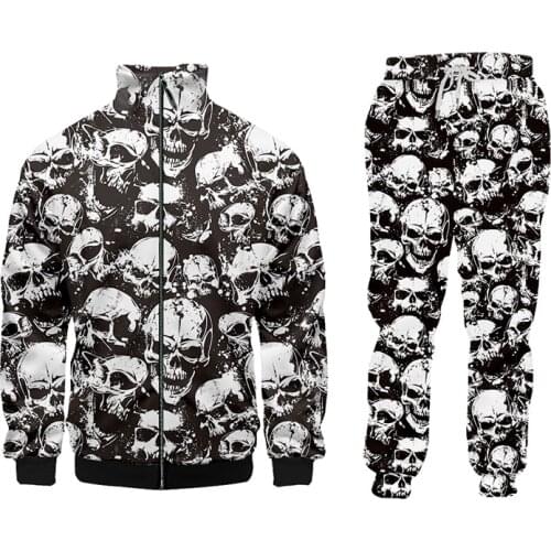 UJWI Casual Streetwear Sweatshirt And Pants black White skull 3d 2-piece set Hoodie Pullovers Men/Women Tracksuit Autumn winter