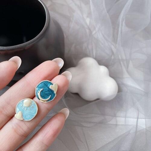Origin Summer Blue Color Enamel Stud Earrings for Women Love Heart Sun Moon Asymmetric Printing Small Earrings Korean Jewelry
