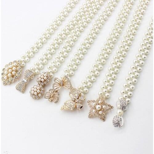 Elegant Women Pearl Belt Waist Elastic Buckle Chain Belts Dress Strap Elegant Womens Belt Flower Buckle Female Crystal Gift