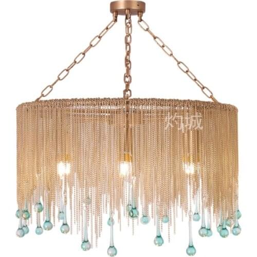 Retro light luxury copper chain blue glass water droplet living room bedroom chandelier post modern French dining room lamp