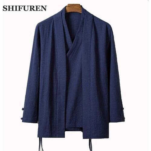 SHIFUREN Retro Chinese Traditional Men Cotton Linen Shirts Loose Male Social Shirts Soft Breathable Blouse Clothing Stand Collar