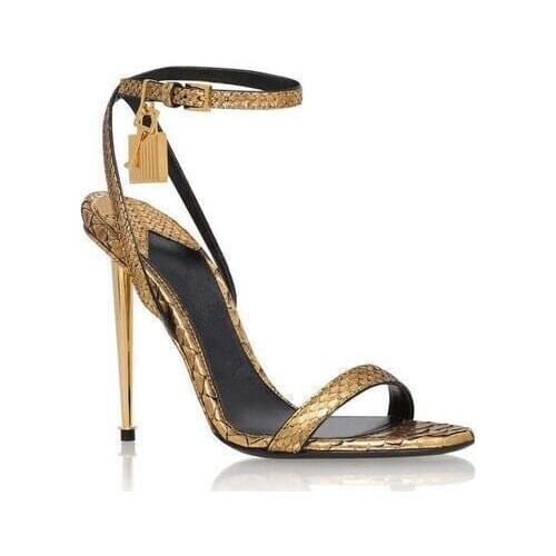 New Fashion Luxury Gold Lock Metal Decoration Women High Heel Shoes Fashion Concise Design Elegant Lady Summer Sandals Female Pu