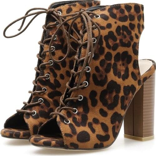 2020 Largest Design Woman Sandals Leopard Print Cross-Tied Pumps Peep Toe Square Heels Ankle Strap Stilettos Summer Gladiator Female Shoes