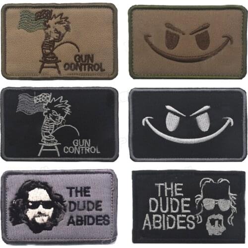 Smiley face gun control the dude abides Embroidery Patches Badges Emblem cm Accessory Hook and Loop Tactical
