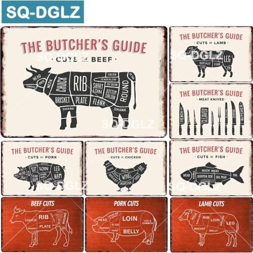 [SQ-DGLZ] The Butchers Guide Metal Tin Sign Beef/Pig/Fish/Lamb/Chicken/Pork Meat Plaque Paint Wall Decoration Painting Plaques