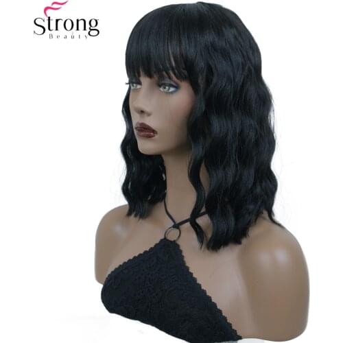 StrongBeauty Synthetic Wig Hair Neat Bangs Natural Wavy Nedium Long BOB Wigs For Woman