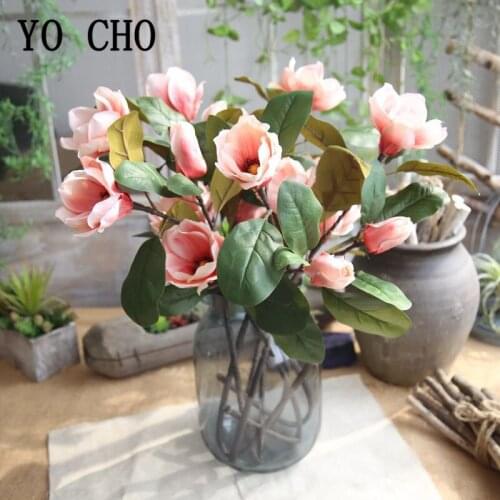 YO CHO Artificial Flower 3 Heads Silk Magnolia Girl Flower Arrangement Fake Orchid White Pink Wedding Party DIY Home Decorations