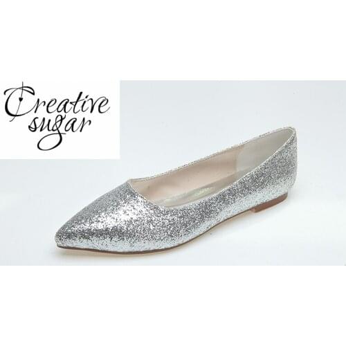 Creativesugar gold silver 3D glitter pointed toe flats woman Casual neutral theme wedding bridal shoes party prom slip on shoes
