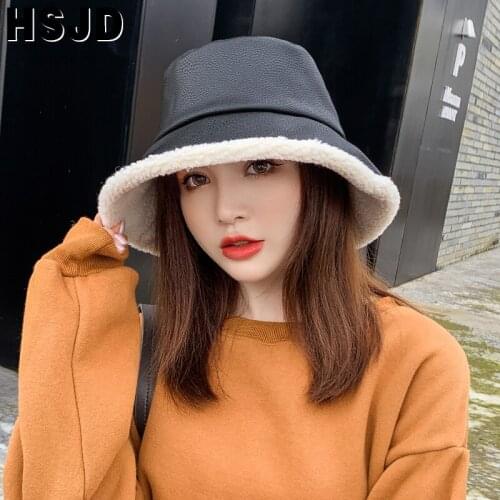 Women Hat Thicken Warm Faux Fur Bucket Hat Leather Large Brim Fishermans Hats Autumn And Winter Hats for Women Panama Lady Cap