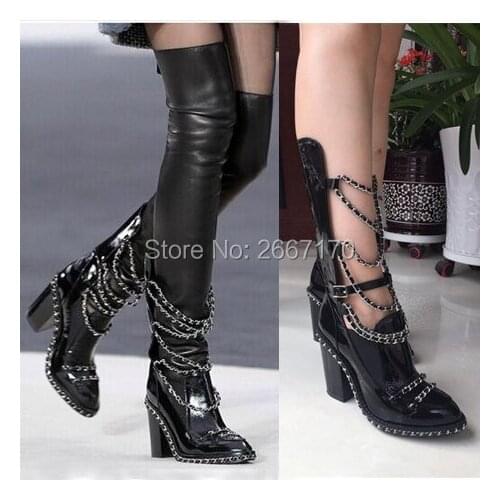Botas Mujer 2019 Luxury Shoes Plus Size Black Leather Block High Heels Chain Cross Sexy Thigh High Boots Women Long Riding Boots