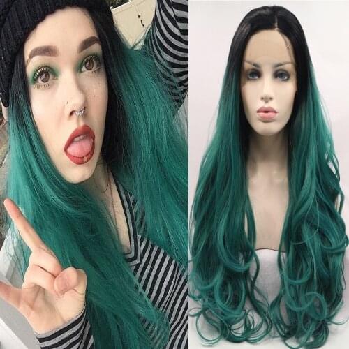 Body Wave Mermaid Piano Black to Dark Green Two Tone Synthetic Lace Front Wig For Women Heat Resistant Replacement Cosplay 24"