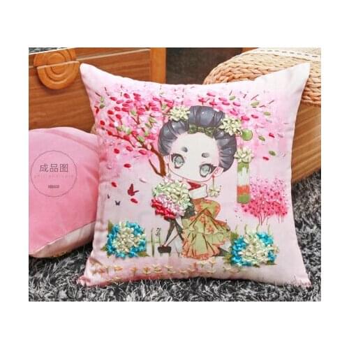 1pcs 45x45cm Cartoon Ribbon embroidery kit pillow cushion cover car sofa set handcraft DIY handmade needlework art home decor