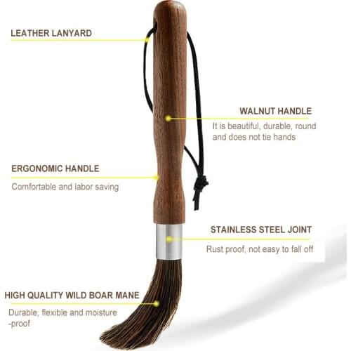 1 Pcs Coffee Grinder Cleaning Brush Boar Bristles Walnut Wood Handle with Hanging Belt xqmg Coffee Grinder Brushes Coffeeware