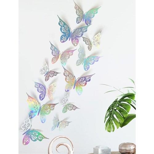 12Pcs 3D Wall Stickers Hollow Rose Gold/Golden/Silver Butterfly Wall Stickers DIY Art Home Decor Wall Decals Party Wedding Decor