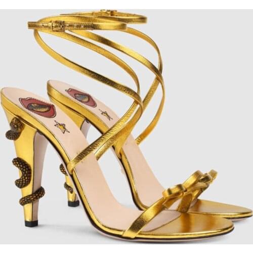 2021 Brand Luxury High Heels Women Sandals Summer Bowknot Show Ankle Strap Snake Shoes For Women Fashion Open Toe womens Shoes