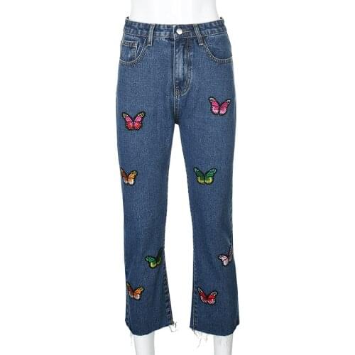 2021 Casual Woman Trousers BA Cowboy Female Loose Streetwear Butterfly Embroidered Straight Pants Women Clothing Mom Jeans
