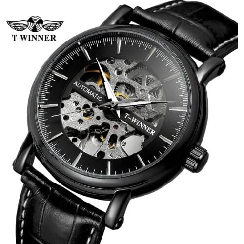 Fashion T-Winner Men Automatic Self-wind Luxury Creative Skeleton Analog Wristwatch Luxruy Leather Transparent Mechanical Clock
