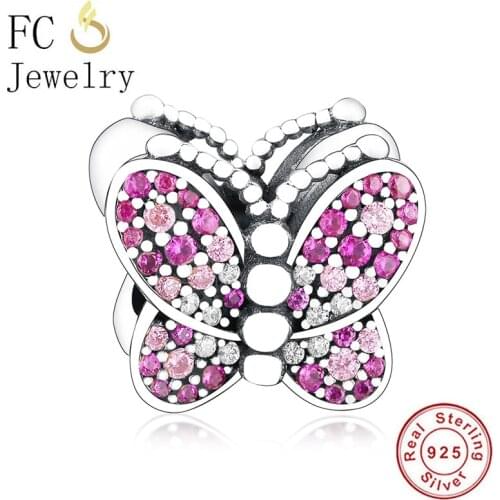 FC Jewelry Fit Original Charm Bracelet 925 Sterling Silver Animal Butterfly With Pink Zirocnia Bead For Making Winter Berloque