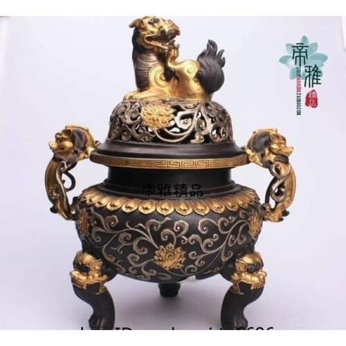 China Royal Copper 24K Gold Gild Silver-gilt Foo Dog Lion Incense Burner Censer