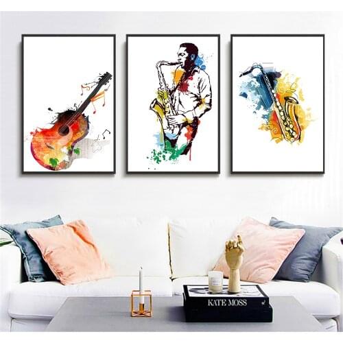 Watercolor Music Saxophone Guitar Canvas Paintings Posters and Prints Wall Art Picture for Living Room Home Decoration
