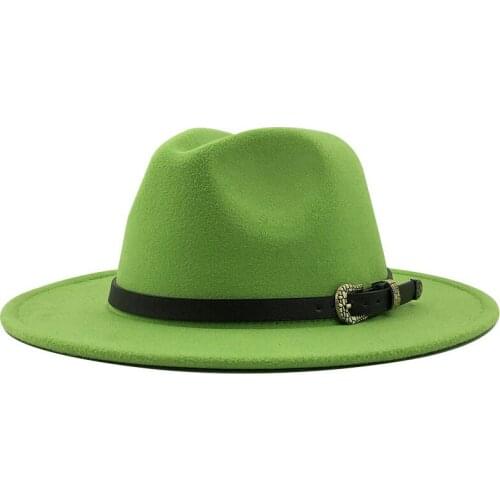 Hot Men Women Wide Brim Wool Felt Fedora Panama Hat with Belt Buckle Jazz Trilby Cap Party Formal Top Hat In Pink,green 56-60CM