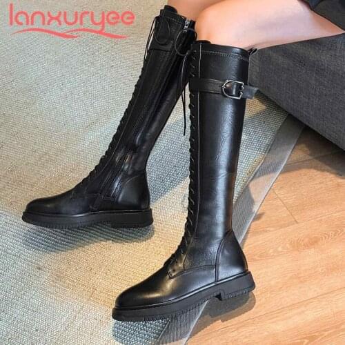 Lanxuryee motorcycle boots real cow leather buckle decorations round toe thick med heel zipper leisure basic knee high boots L30
