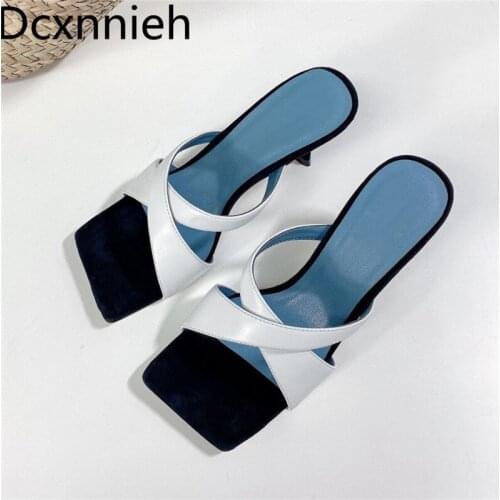 High Heels Slippers Women Genuine Leather Cross Band Mules Shoes Ladies Summer Designer Shoes Woman Gladiator Women Sandals 2021