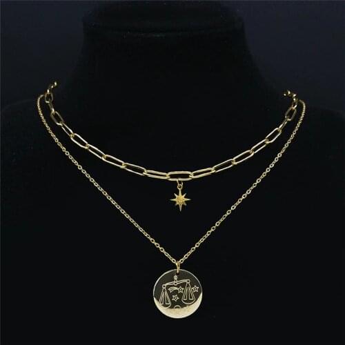 2pcs 12 Constellations Stainless Steel Libra Necklaces Gold Color Star Necklace Horoscope Jewelry acier inoxydable N9201S02