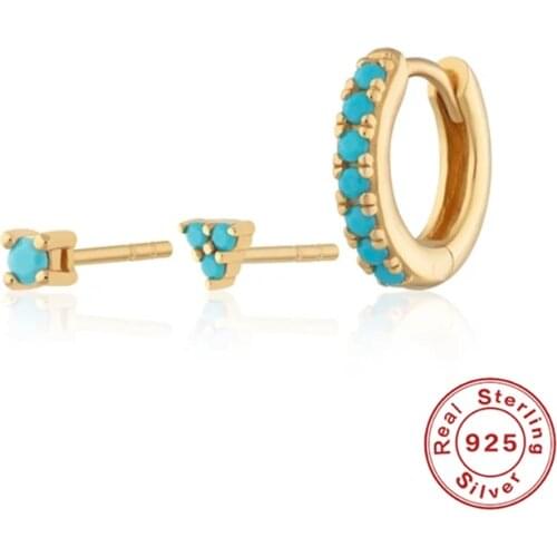Pendientes Plata 925 Turquoise 3Pcs/Set 925 Sterling Silver Earrings For Women Piercing Stud Earrings 2021 Trend Vintage Brincos