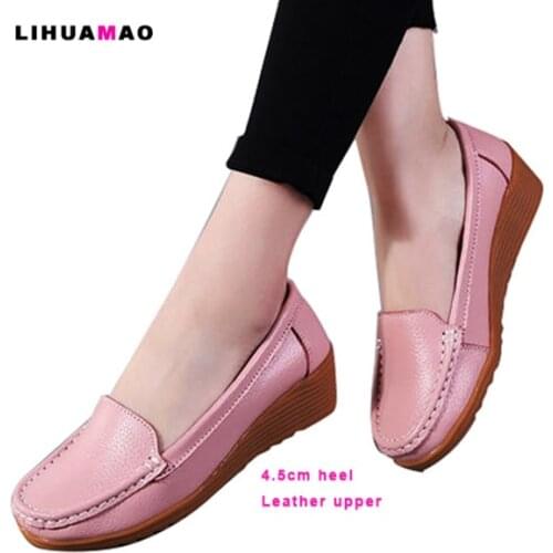 LIHUAMAO leather comfortable shoes for women wedges heels round toe slip on ladies high heel shoes pumps work, party, nurse