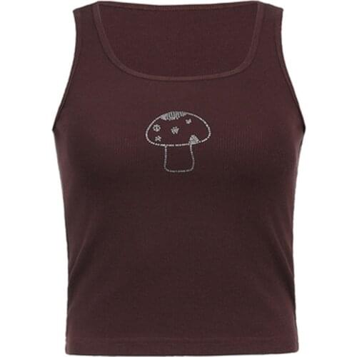 Indie Aesthetics Mushroom Diamond Straped Brown Tops Y2K Vintage U-neck Sleeveless Tank Top 90s Streetwear Outfits Slim