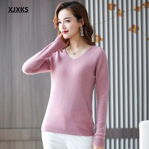 XJXKS 2021 autumn winter new style 100% wool knitted sweater women pullover fashion V-neck solid color all-match women sweater