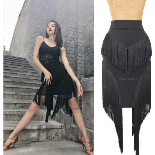 Black Latin Dance Skirt Women Sexy Split Tassel Fringe Skirts Ladies Samba Salsa Cha Practice Performance Dancing Clothes L303